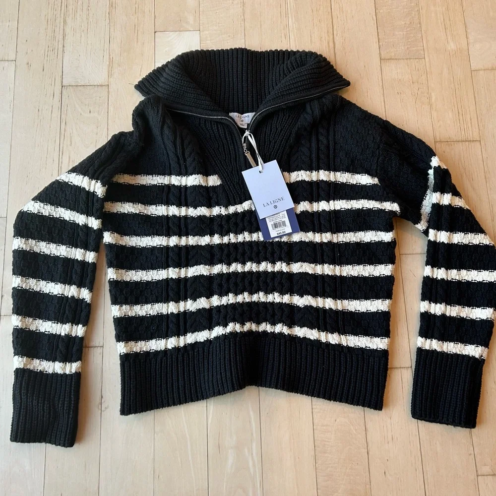 La Ligne x Target Black/White Striped Cotton Blend Shawl Zip Sweater Large NWT